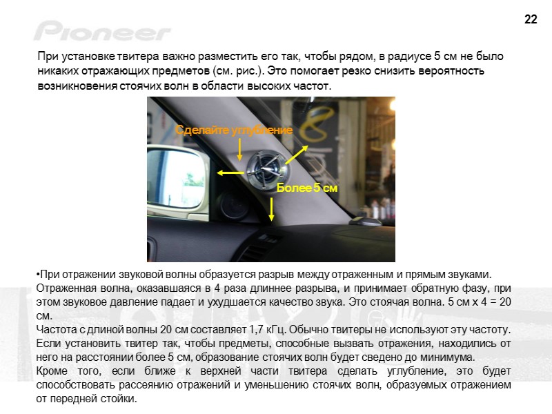 22 При отражении звуковой волны образуется разрыв между отраженным и прямым звуками. Отраженная волна,